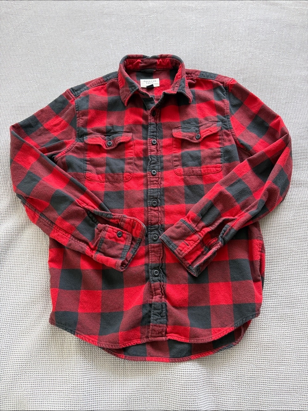 American Eagle Outfitters Red and Black Plaid Button-Down Shirt